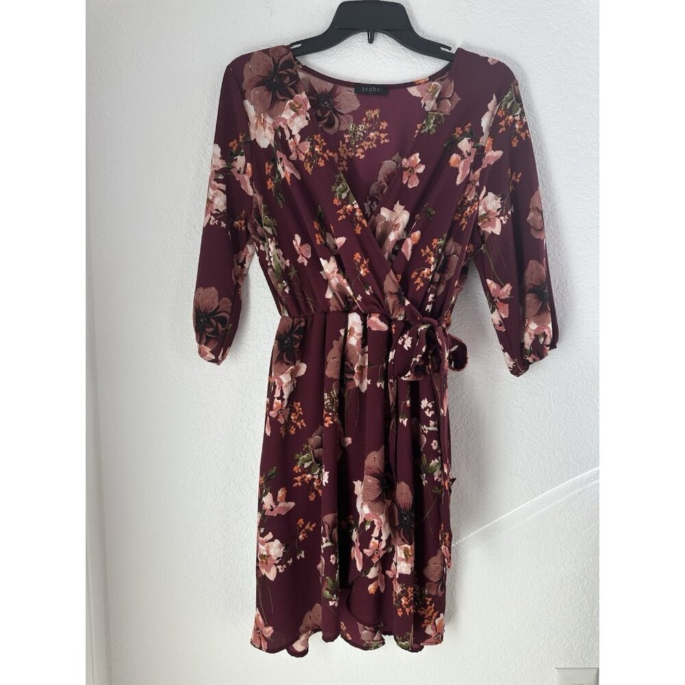Scobe Womens Faux‎ Wrap Dress L Wine Floral Balloon Sleeve Fairygoth Whimsygoth